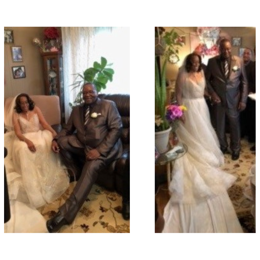 Hospice patient Doris and her now husband posing sitting and standing at the altar after getting married.
