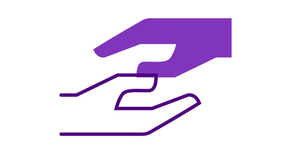 Image shows two purple outlines of hands holding each other, representing the support Enhabit offers when transitioning from home health to hospice care