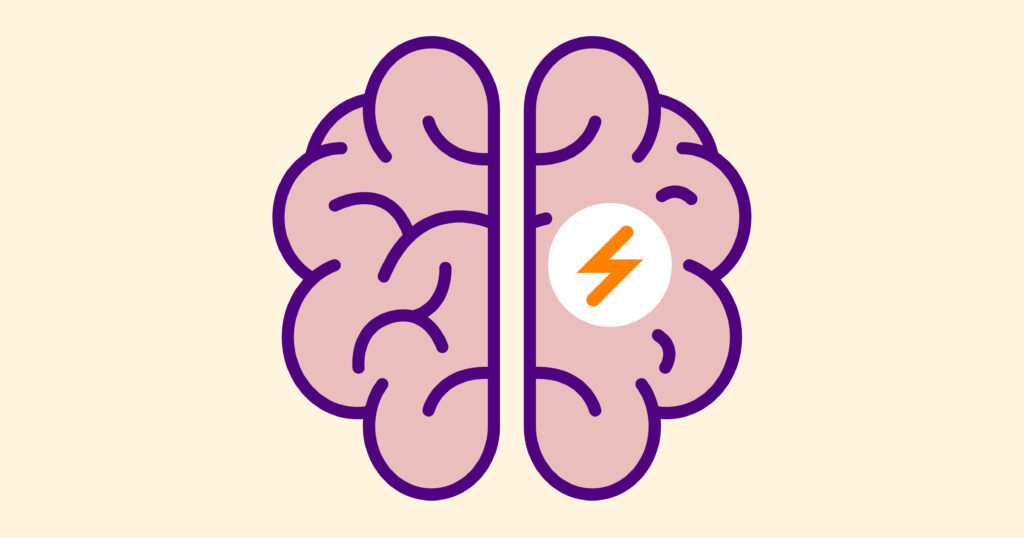 An illustration on a brain and a lightning bolt on the right side, representing a stroke